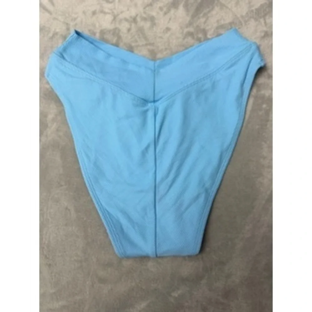NWOT BECCA Swim Bottoms Womens Blue Ribbed V-Front High Leg Large $42